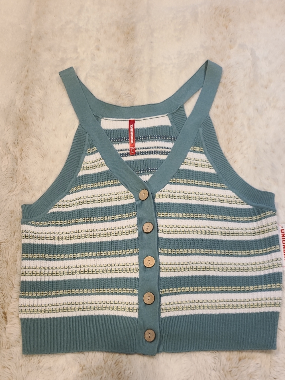UNIONBAY Teal and White Striped V-Neck Button Front Sweater Tank